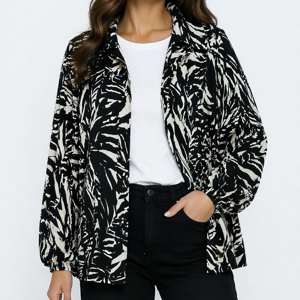 SOCA /ST JOHN Black & White Zebra Jacket sz S Silk Blend Oversized Windbreaker